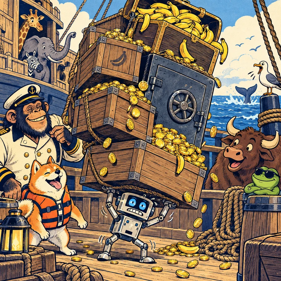 A tiny robot beside an impossibly tall stack of coin crates, a safe, and a banana treasure chest