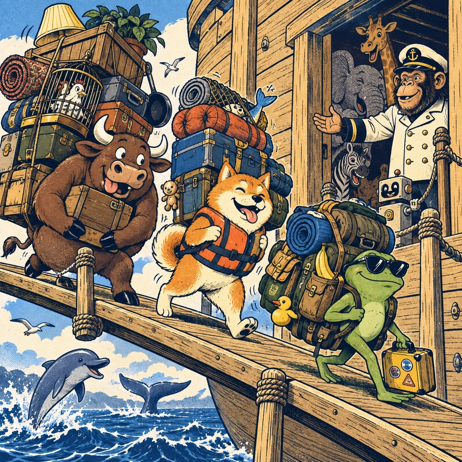 A frog, shiba dog, and bull hauling absurd luggage up the Arc’s boarding ramp