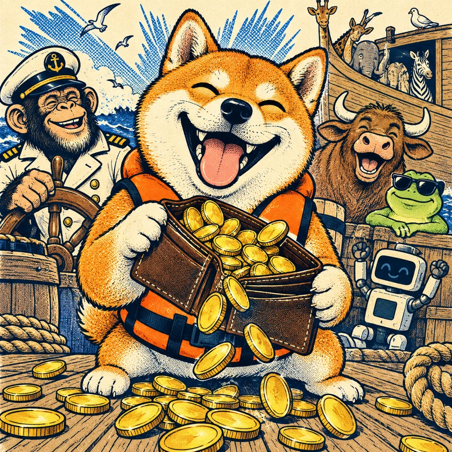 A proud shiba dog opening a wallet full of golden coins
